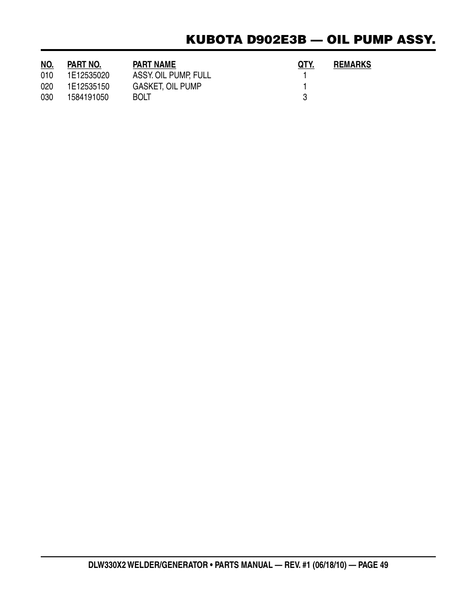 Kubota d902e3b — oil pump assy | Multiquip  WElDEr/gEnEratOr (KuBOta D902E3BWDDE2 DIEsEl EngInE) DlW330X2 User Manual | Page 49 / 118