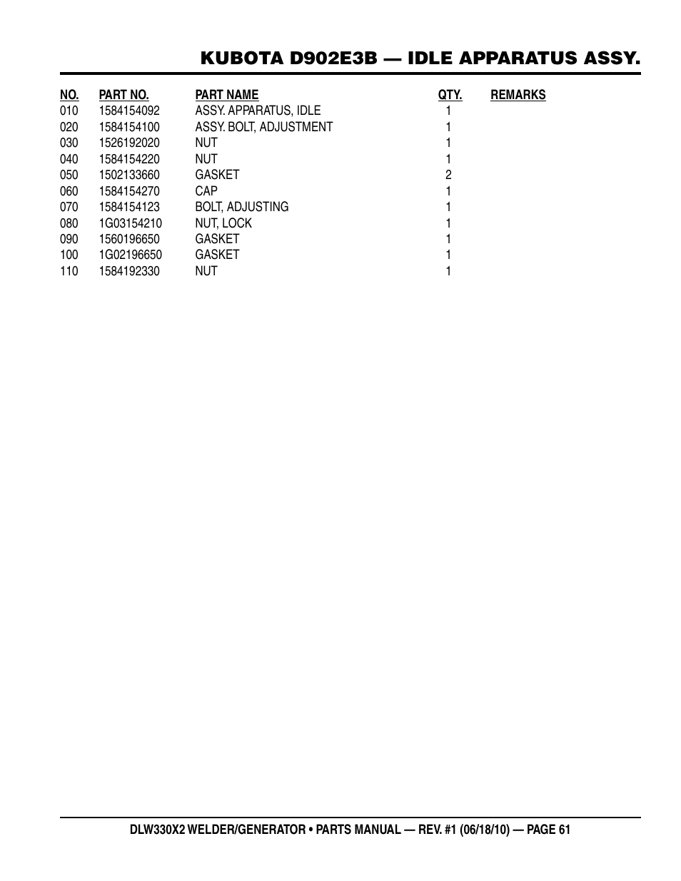 Kubota d902e3b — idle apparatus assy | Multiquip  WElDEr/gEnEratOr (KuBOta D902E3BWDDE2 DIEsEl EngInE) DlW330X2 User Manual | Page 61 / 118