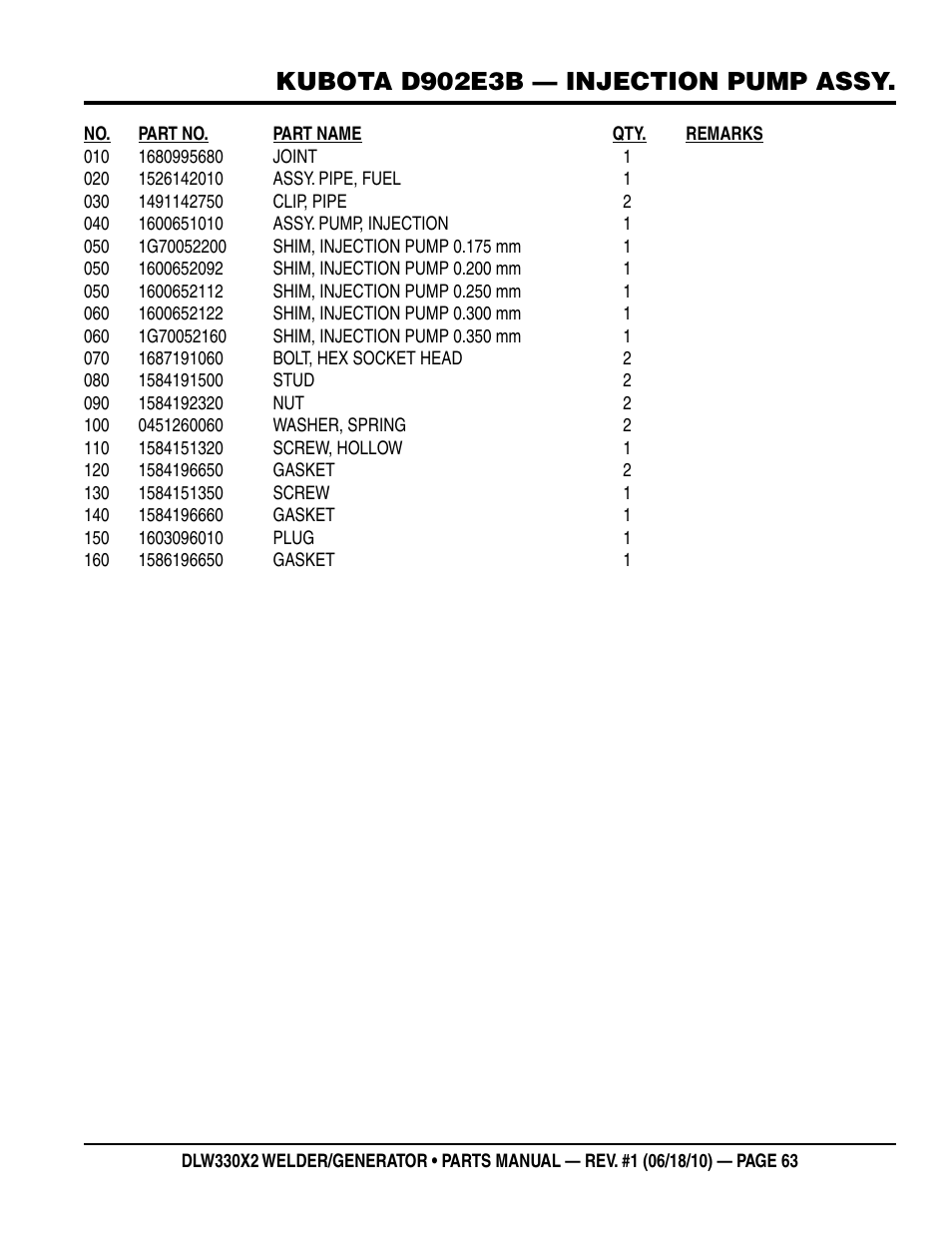 Kubota d902e3b — injection pump assy | Multiquip  WElDEr/gEnEratOr (KuBOta D902E3BWDDE2 DIEsEl EngInE) DlW330X2 User Manual | Page 63 / 118