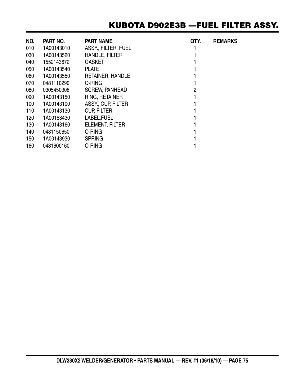 Kubota d902e3b —fuel filter assy | Multiquip  WElDEr/gEnEratOr (KuBOta D902E3BWDDE2 DIEsEl EngInE) DlW330X2 User Manual | Page 75 / 118