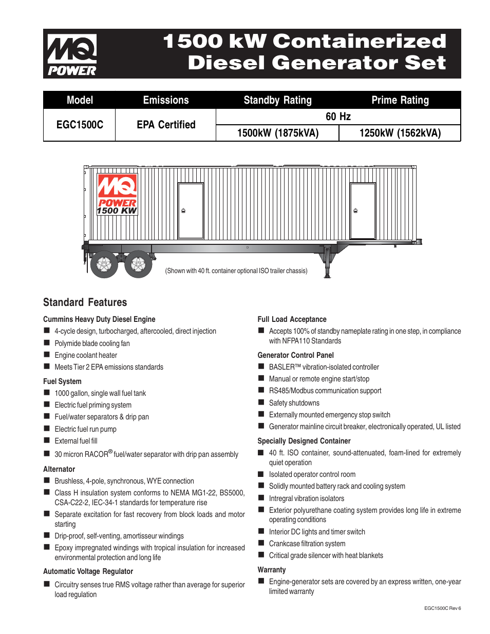 Multiquip MQ Power 1500 kW Containerized Diesel Generator Set EGC1500C User Manual | 4 pages