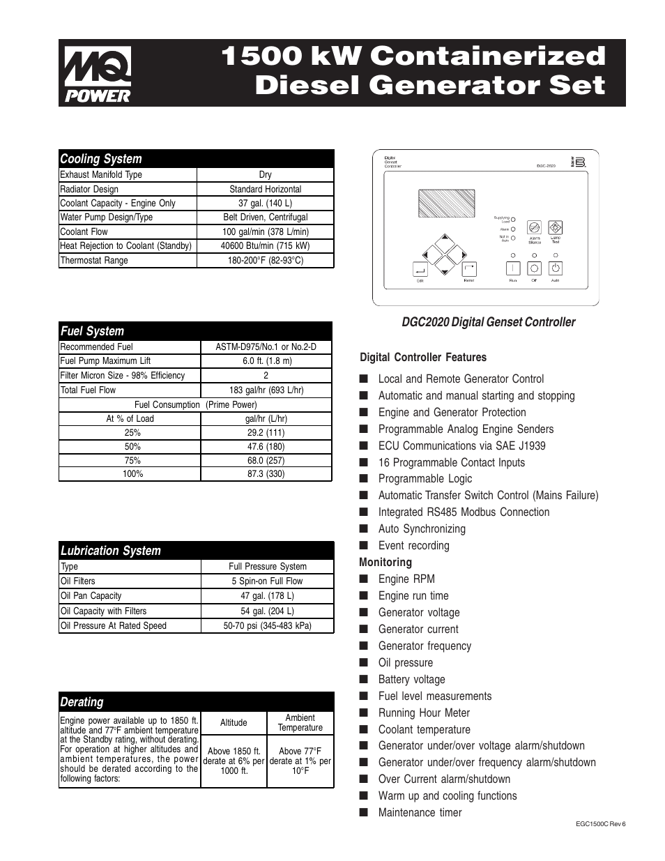 1500 kw containerized diesel generator set, Fuel system, Lubrication system | Derating, Dgc2020 digital genset controller, Cooling system | Multiquip MQ Power 1500 kW Containerized Diesel Generator Set EGC1500C User Manual | Page 3 / 4