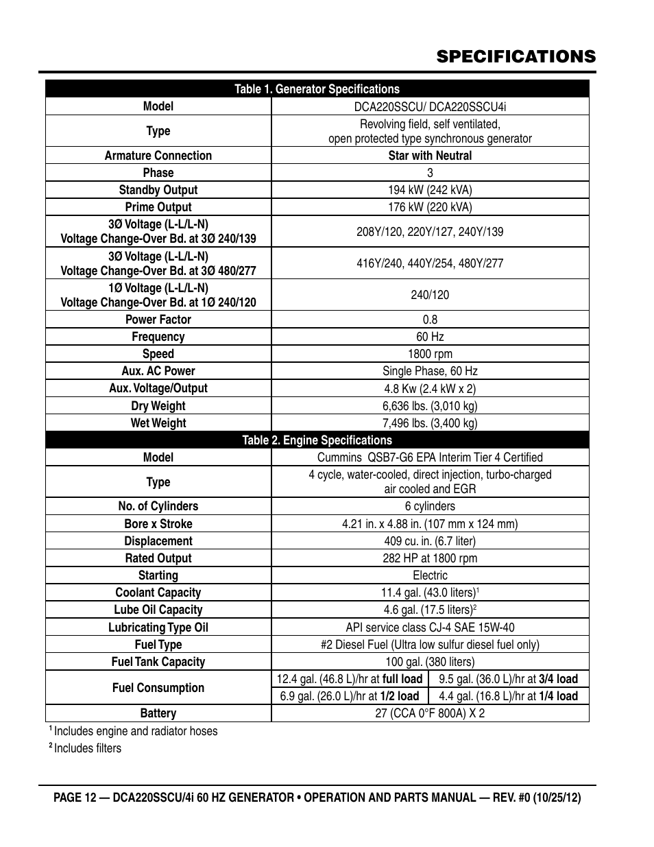 Specifications | Multiquip 60 Hz Generator DCA220SSCU User Manual | Page 12 / 90
