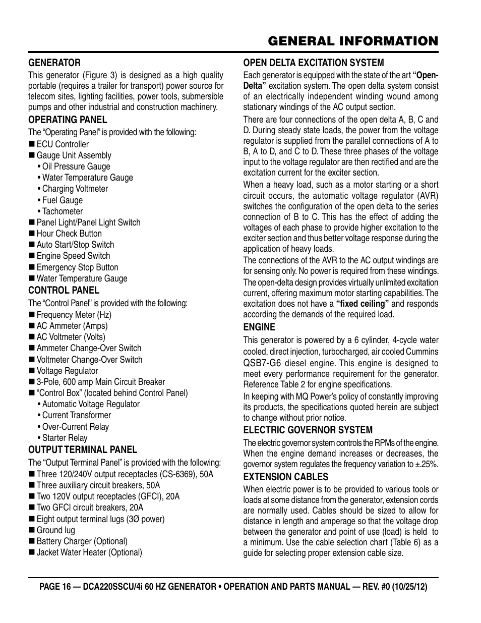 General information | Multiquip 60 Hz Generator DCA220SSCU User Manual | Page 16 / 90