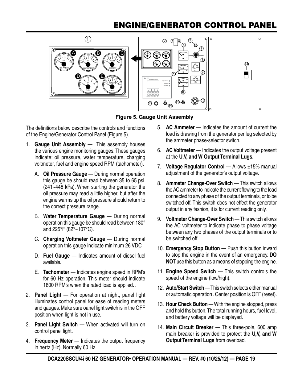 Engine/generator control panel, Figure 5. gauge unit assembly, Da b c e | Multiquip 60 Hz Generator DCA220SSCU User Manual | Page 19 / 90