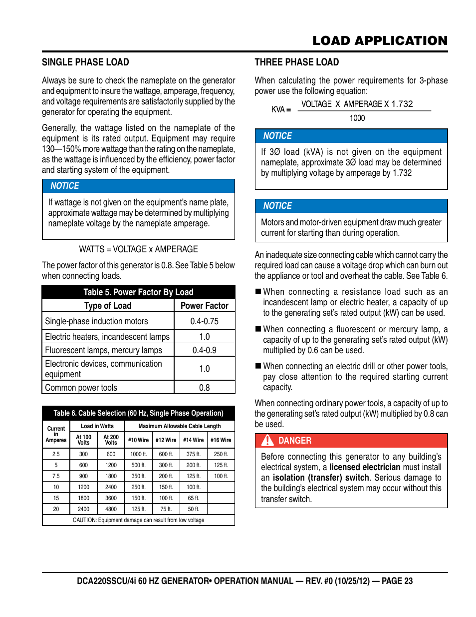 Load application, Single phase load, Three phase load | Multiquip 60 Hz Generator DCA220SSCU User Manual | Page 23 / 90