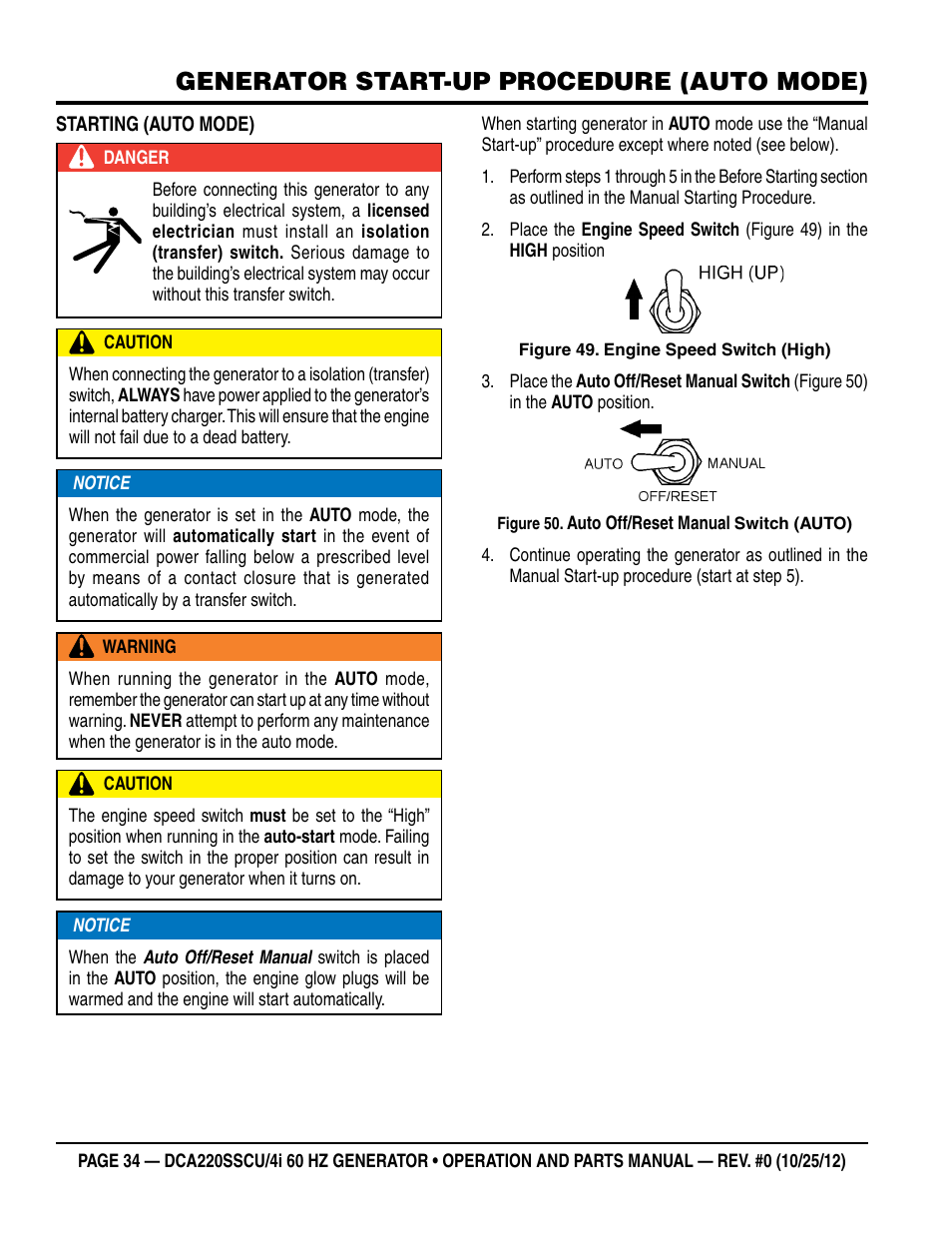 Generator start-up procedure (auto mode) | Multiquip 60 Hz Generator DCA220SSCU User Manual | Page 34 / 90