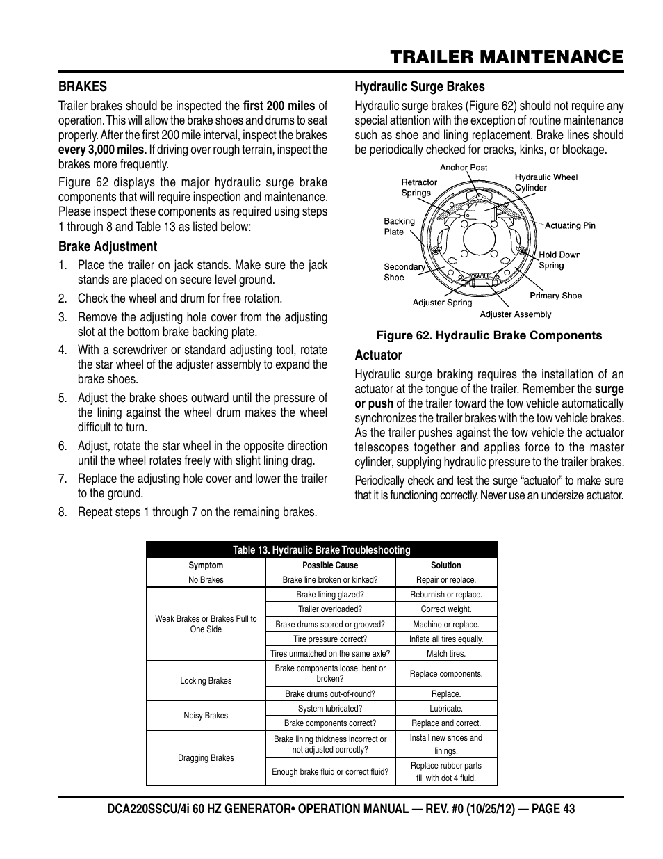 Trailer maintenance, Brakes, Brake adjustment | Hydraulic surge brakes, Actuator | Multiquip 60 Hz Generator DCA220SSCU User Manual | Page 43 / 90