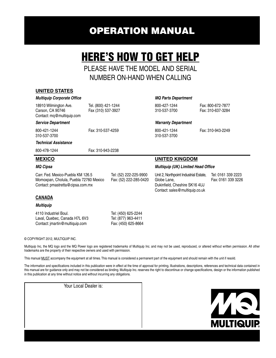 Here’s how to get help, Operation manual | Multiquip 60 Hz Generator DCA220SSCU User Manual | Page 90 / 90
