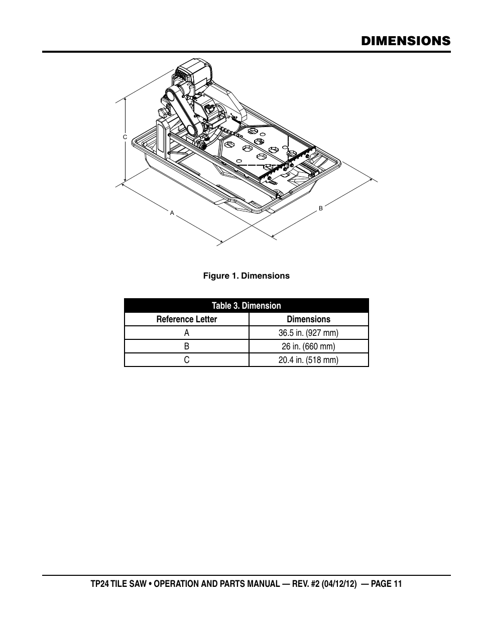 Dimensions | Multiquip tile saw tp24 User Manual | Page 11 / 54