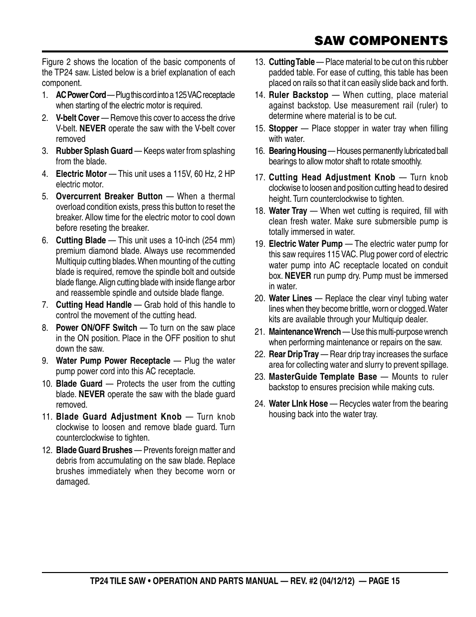Saw components | Multiquip tile saw tp24 User Manual | Page 15 / 54