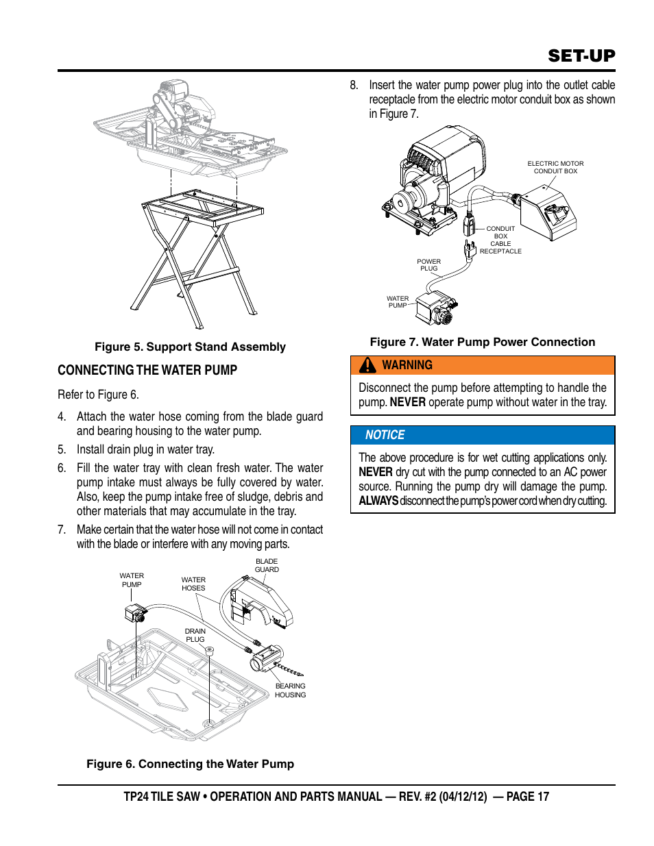 Set-up, Connecting the water pump | Multiquip tile saw tp24 User Manual | Page 17 / 54
