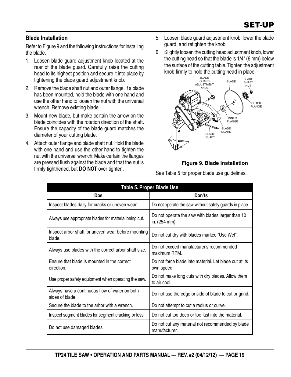 Set-up, Blade installation | Multiquip tile saw tp24 User Manual | Page 19 / 54