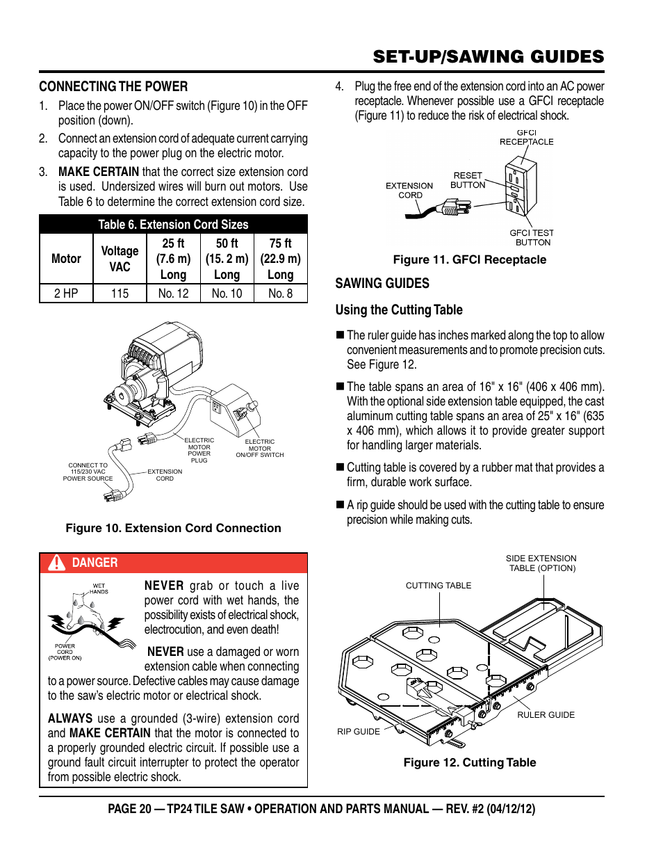 Set-up/sawing guides, Sawing guides using the cutting table, Connecting the power | Multiquip tile saw tp24 User Manual | Page 20 / 54