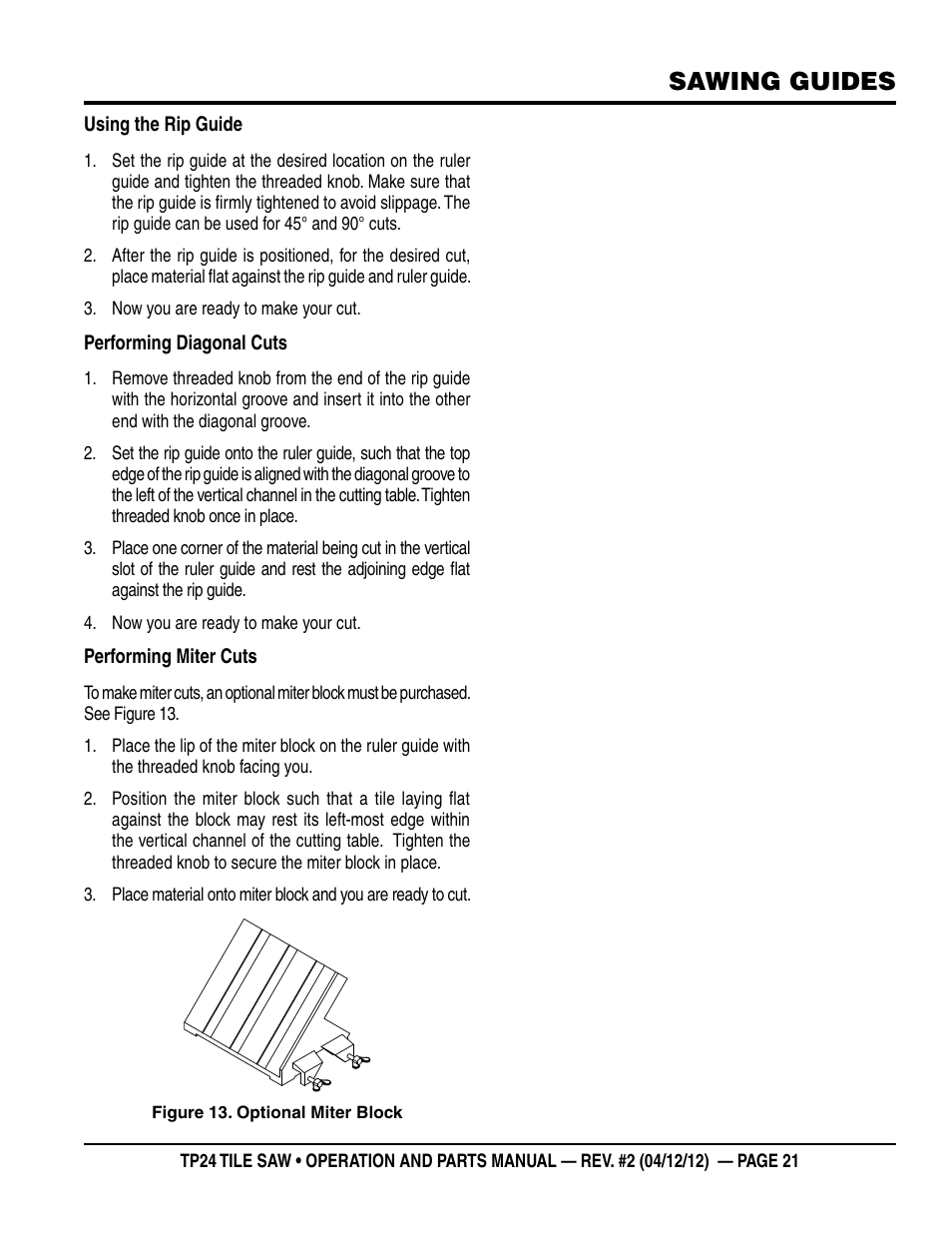 Sawing guides | Multiquip tile saw tp24 User Manual | Page 21 / 54