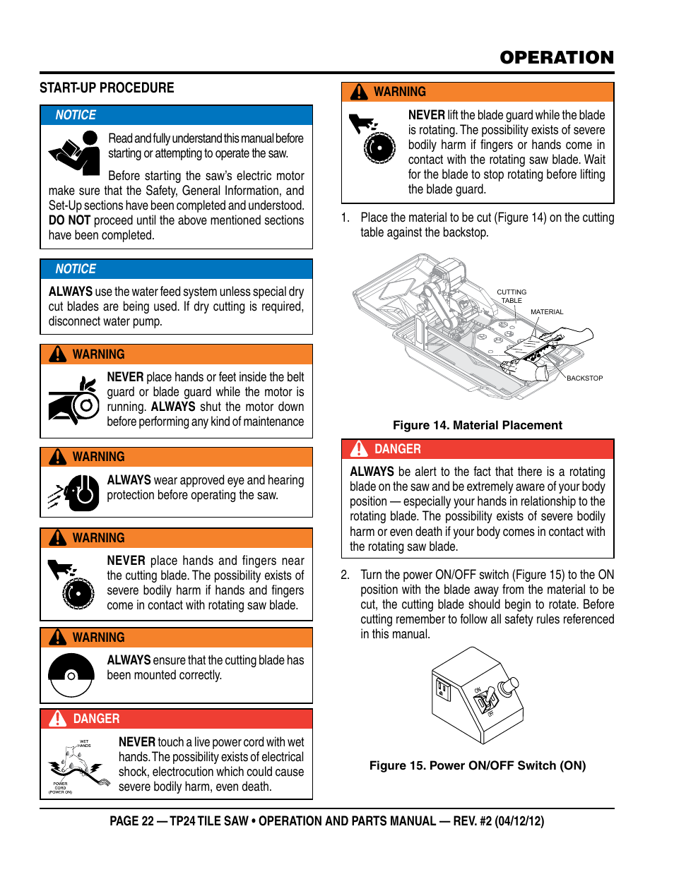 Operation | Multiquip tile saw tp24 User Manual | Page 22 / 54