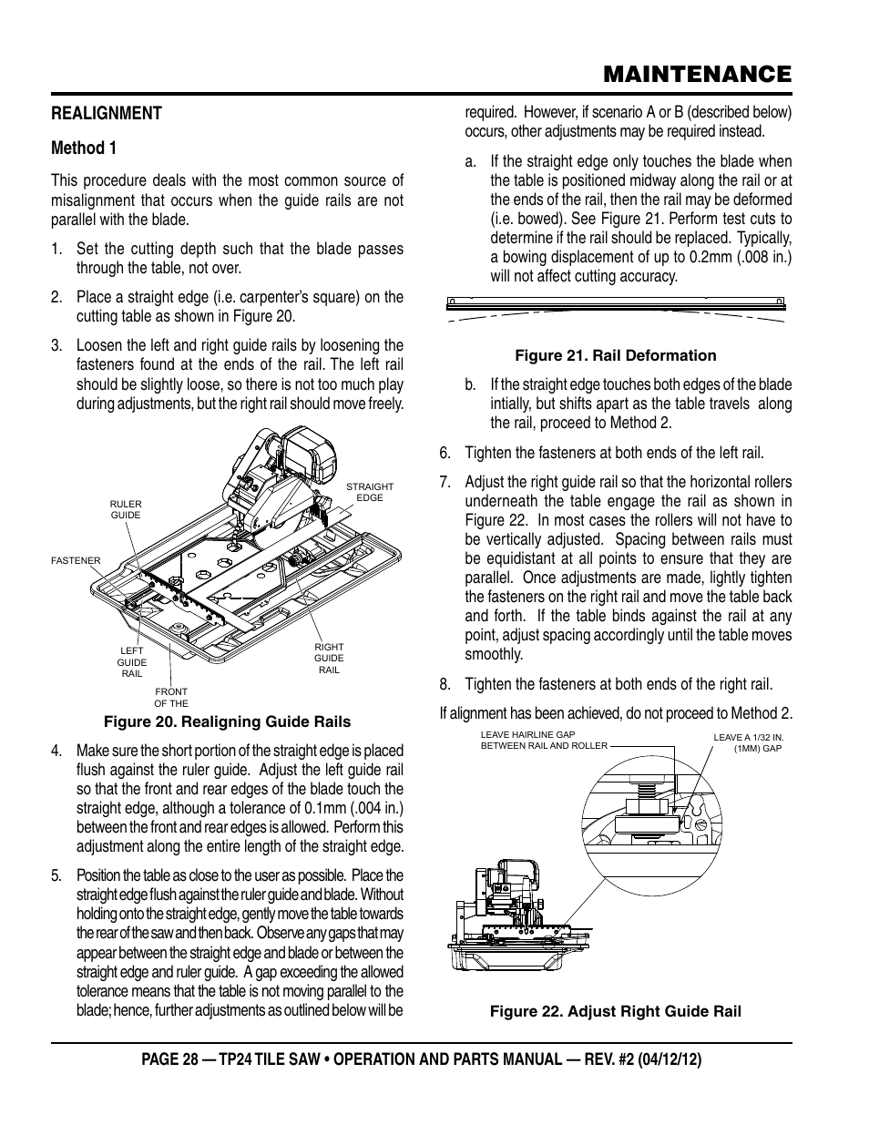 Maintenance, Realignment method 1 | Multiquip tile saw tp24 User Manual | Page 28 / 54