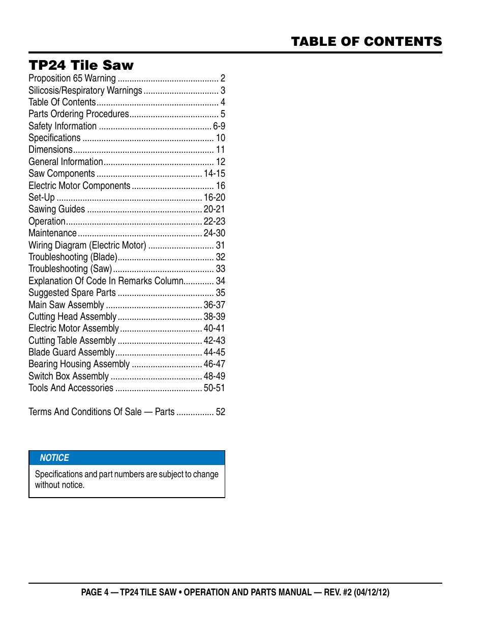 Multiquip tile saw tp24 User Manual | Page 4 / 54