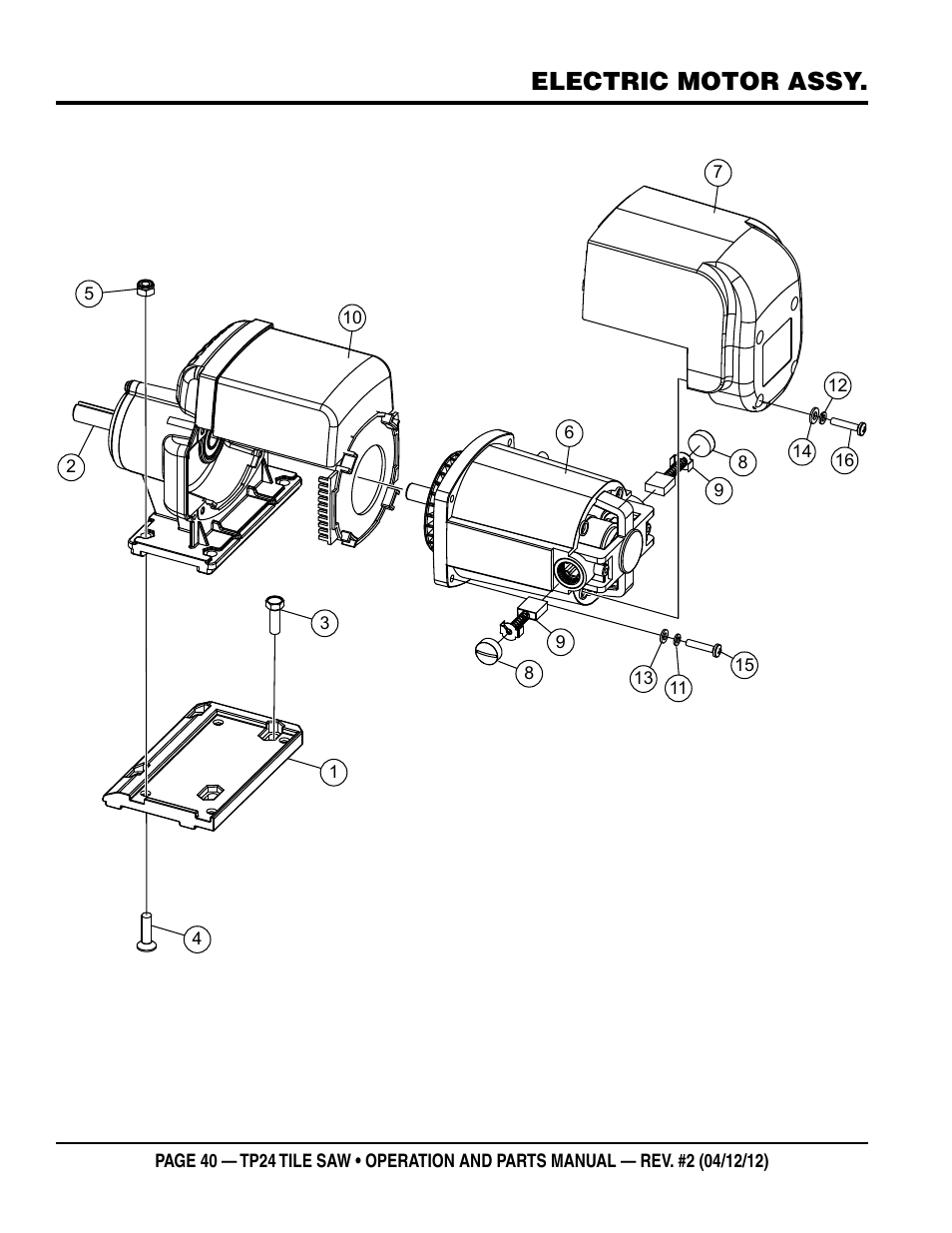 Electric motor assy | Multiquip tile saw tp24 User Manual | Page 40 / 54