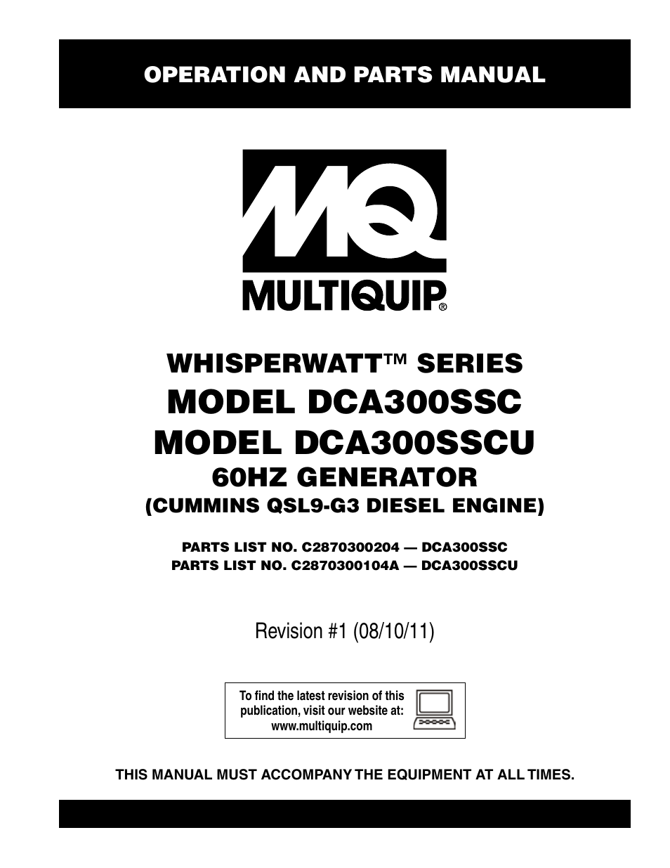 Multiquip Whisperwatt Series 60HZ Generator (Cummins QSL9-G3 Diesel Engine) DCA300SSCU User Manual | 104 pages