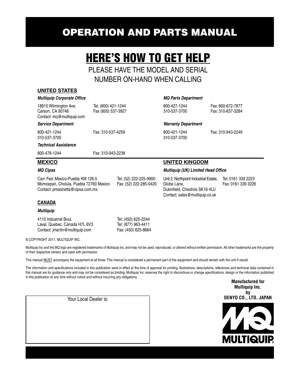 Here’s how to get help, Operation and parts manual | Multiquip Whisperwatt Series 60HZ Generator (Cummins QSL9-G3 Diesel Engine) DCA300SSCU User Manual | Page 104 / 104