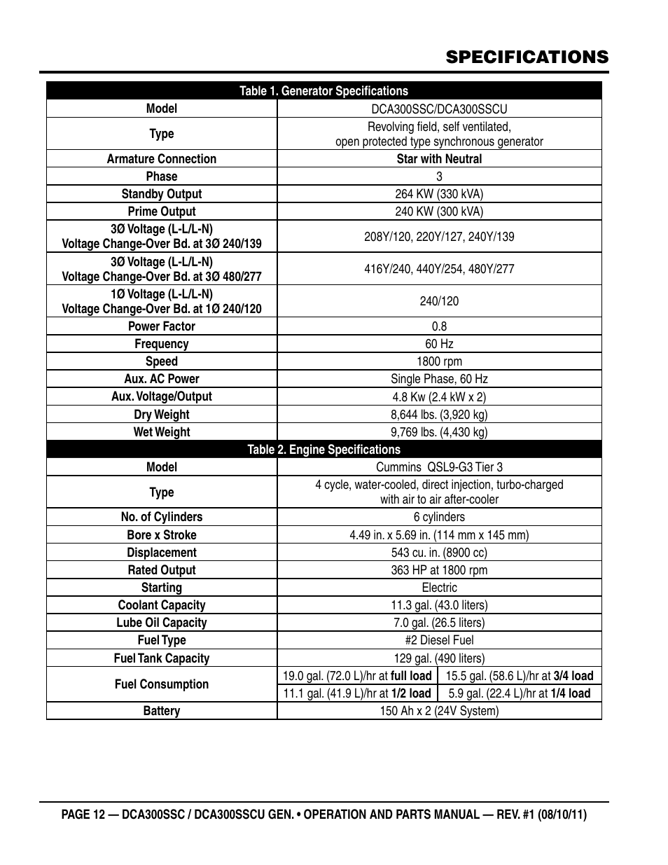 Specifications | Multiquip Whisperwatt Series 60HZ Generator (Cummins QSL9-G3 Diesel Engine) DCA300SSCU User Manual | Page 12 / 104