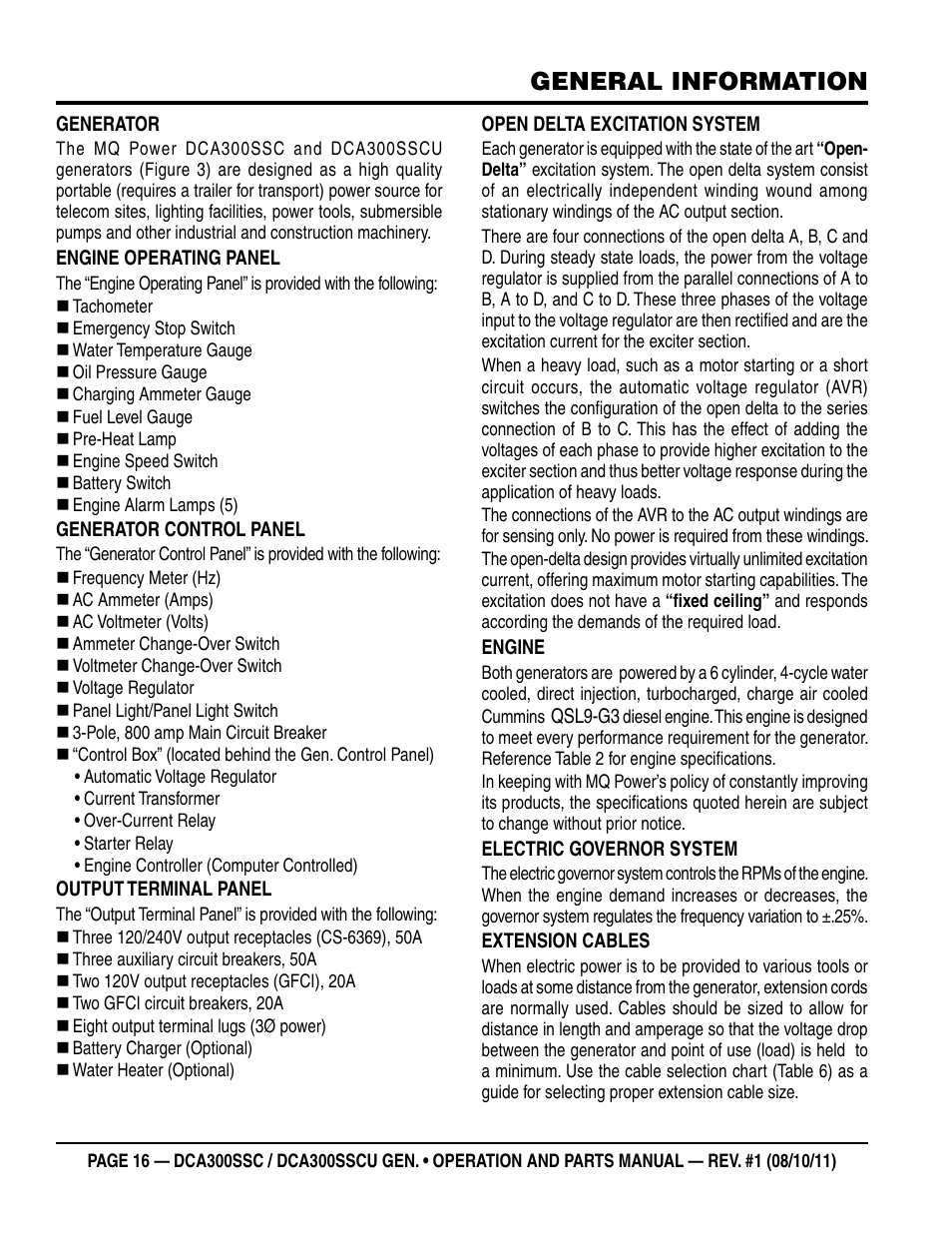 General information | Multiquip Whisperwatt Series 60HZ Generator (Cummins QSL9-G3 Diesel Engine) DCA300SSCU User Manual | Page 16 / 104