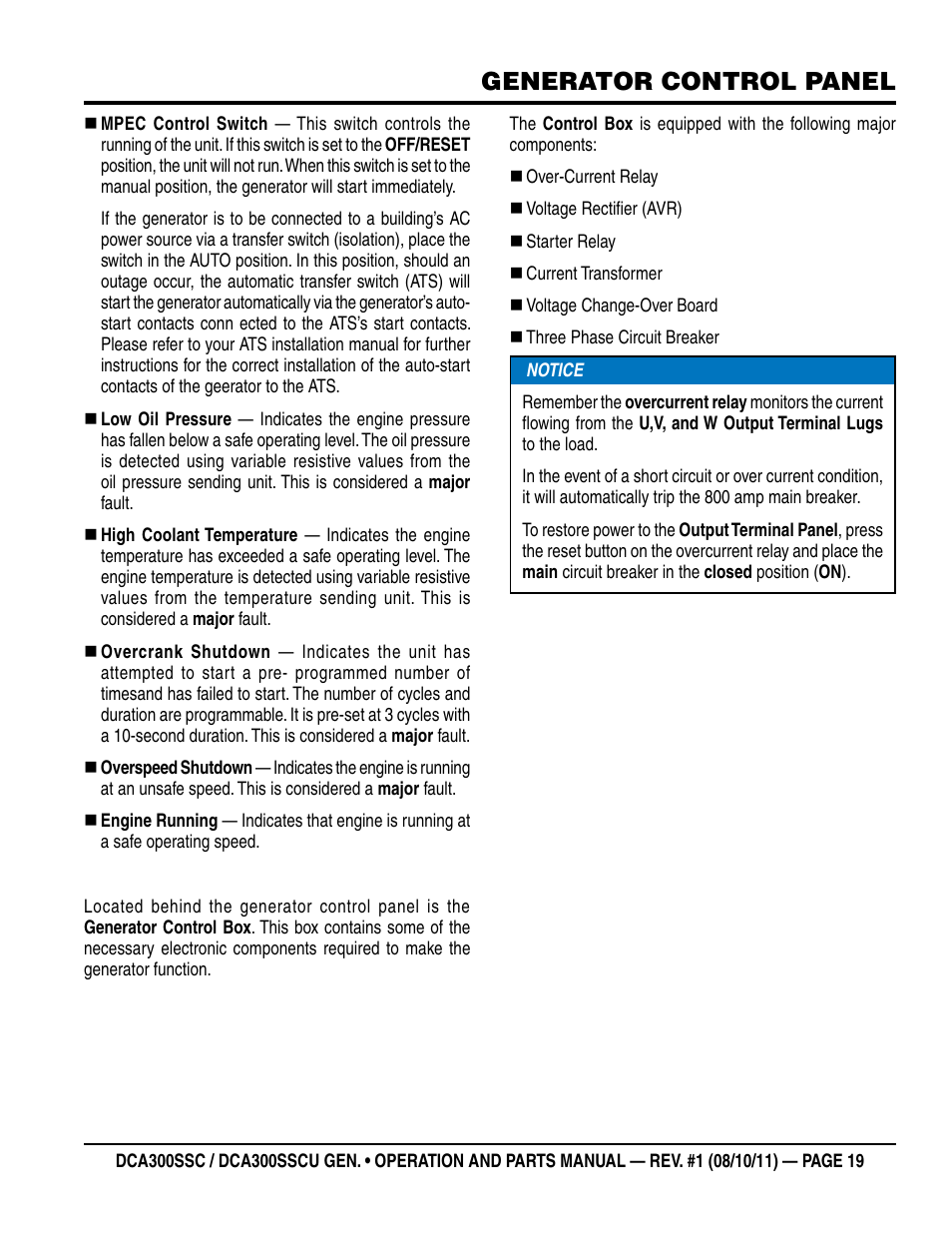 Generator control panel | Multiquip Whisperwatt Series 60HZ Generator (Cummins QSL9-G3 Diesel Engine) DCA300SSCU User Manual | Page 19 / 104