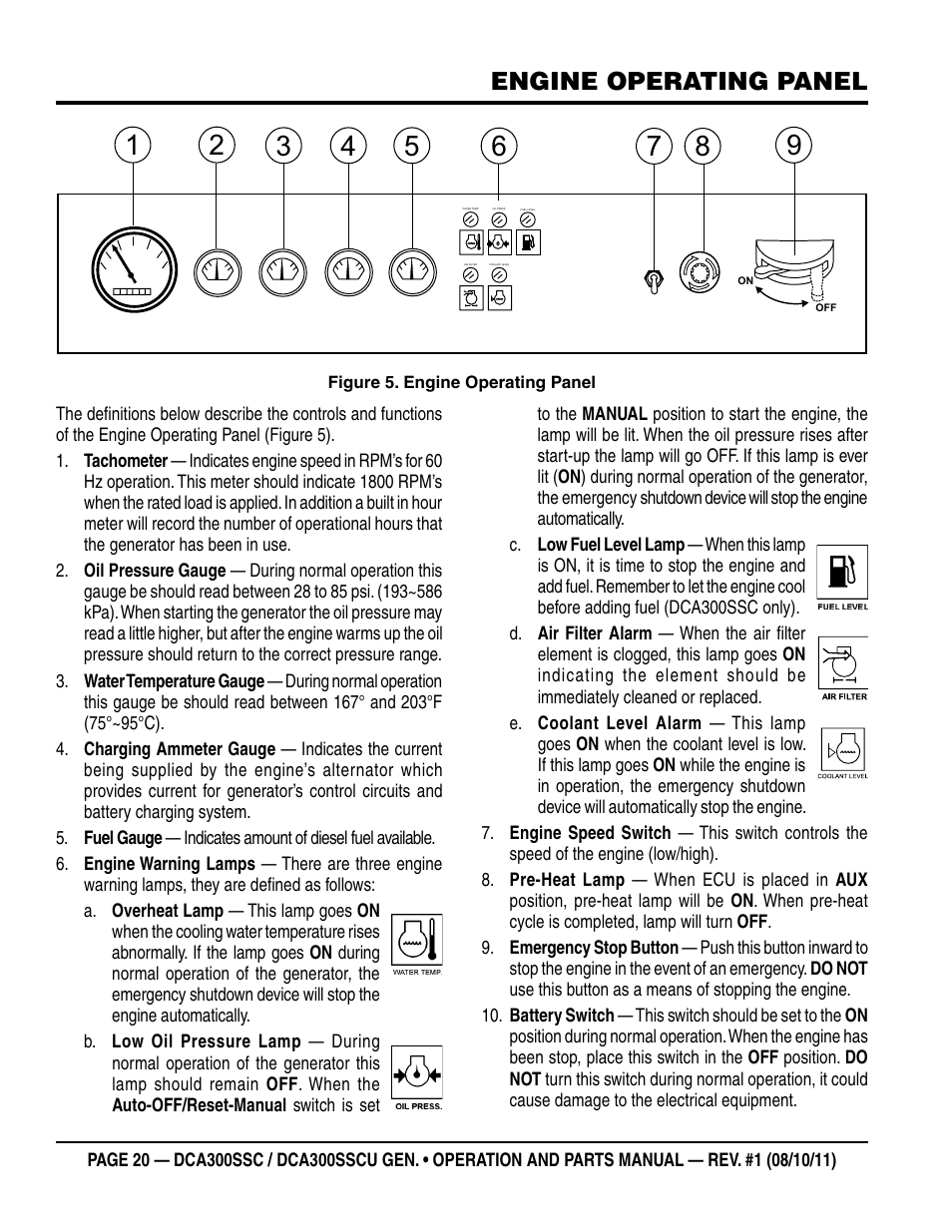 Engine operating panel | Multiquip Whisperwatt Series 60HZ Generator (Cummins QSL9-G3 Diesel Engine) DCA300SSCU User Manual | Page 20 / 104