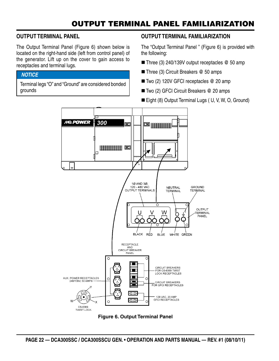 Output terminal panel familiarization | Multiquip Whisperwatt Series 60HZ Generator (Cummins QSL9-G3 Diesel Engine) DCA300SSCU User Manual | Page 22 / 104