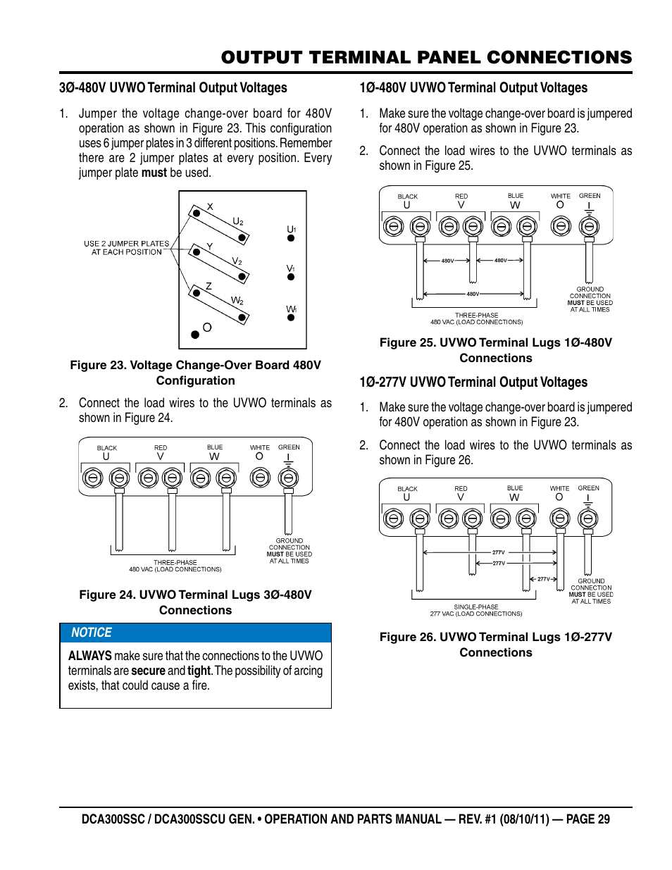 Output terminal panel connections | Multiquip Whisperwatt Series 60HZ Generator (Cummins QSL9-G3 Diesel Engine) DCA300SSCU User Manual | Page 29 / 104