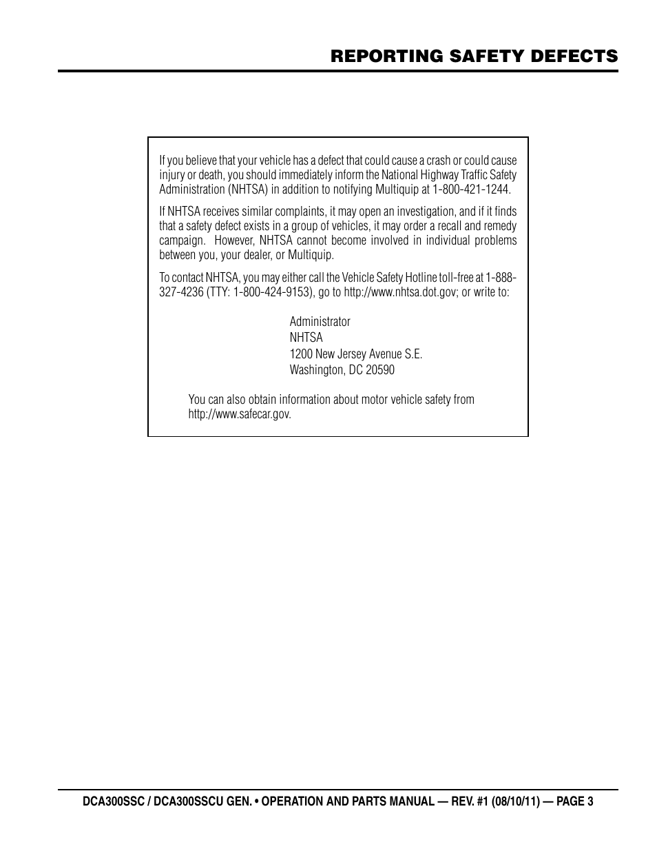 Reporting safety defects | Multiquip Whisperwatt Series 60HZ Generator (Cummins QSL9-G3 Diesel Engine) DCA300SSCU User Manual | Page 3 / 104