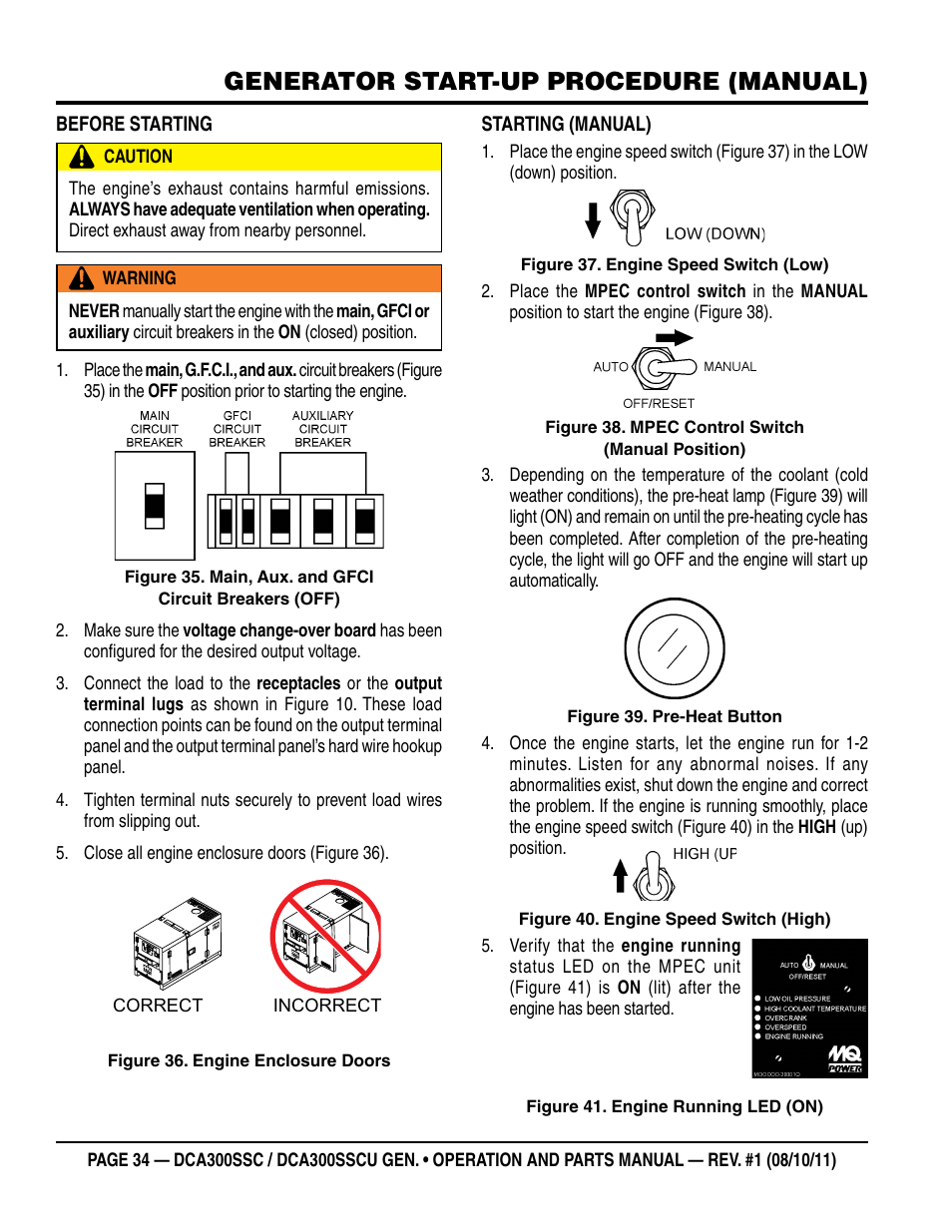 Generator start-up procedure (manual) | Multiquip Whisperwatt Series 60HZ Generator (Cummins QSL9-G3 Diesel Engine) DCA300SSCU User Manual | Page 34 / 104