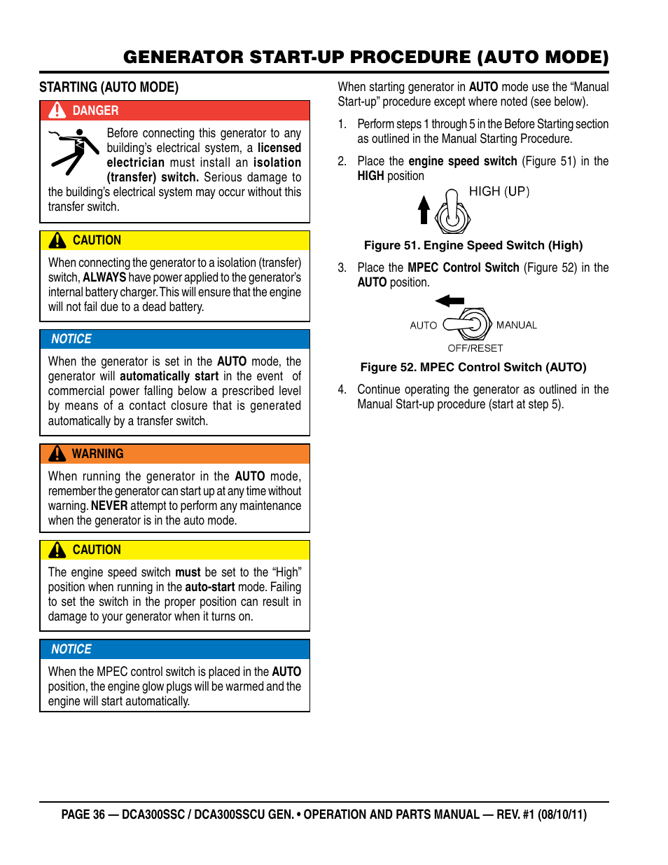 Generator start-up procedure (auto mode) | Multiquip Whisperwatt Series 60HZ Generator (Cummins QSL9-G3 Diesel Engine) DCA300SSCU User Manual | Page 36 / 104