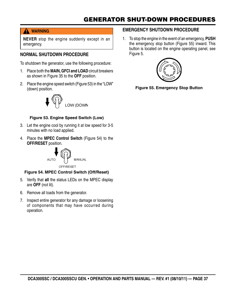Generator shut-down procedures | Multiquip Whisperwatt Series 60HZ Generator (Cummins QSL9-G3 Diesel Engine) DCA300SSCU User Manual | Page 37 / 104