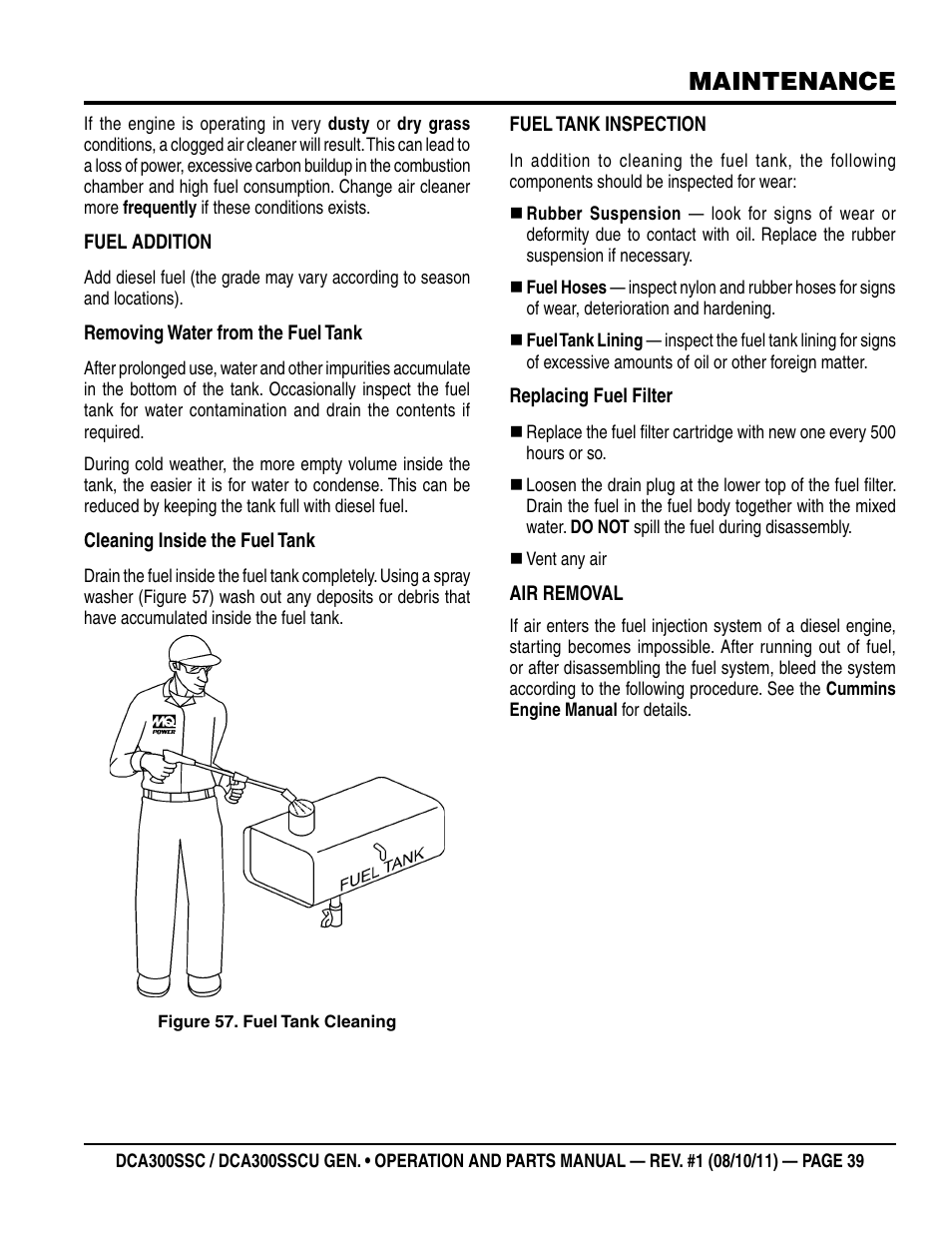 Maintenance | Multiquip Whisperwatt Series 60HZ Generator (Cummins QSL9-G3 Diesel Engine) DCA300SSCU User Manual | Page 39 / 104