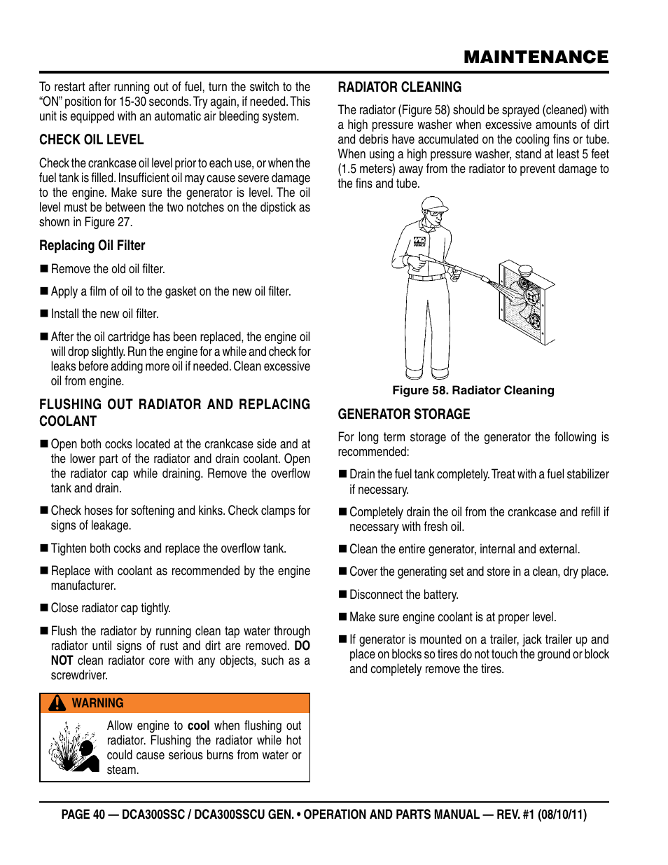 Maintenance | Multiquip Whisperwatt Series 60HZ Generator (Cummins QSL9-G3 Diesel Engine) DCA300SSCU User Manual | Page 40 / 104