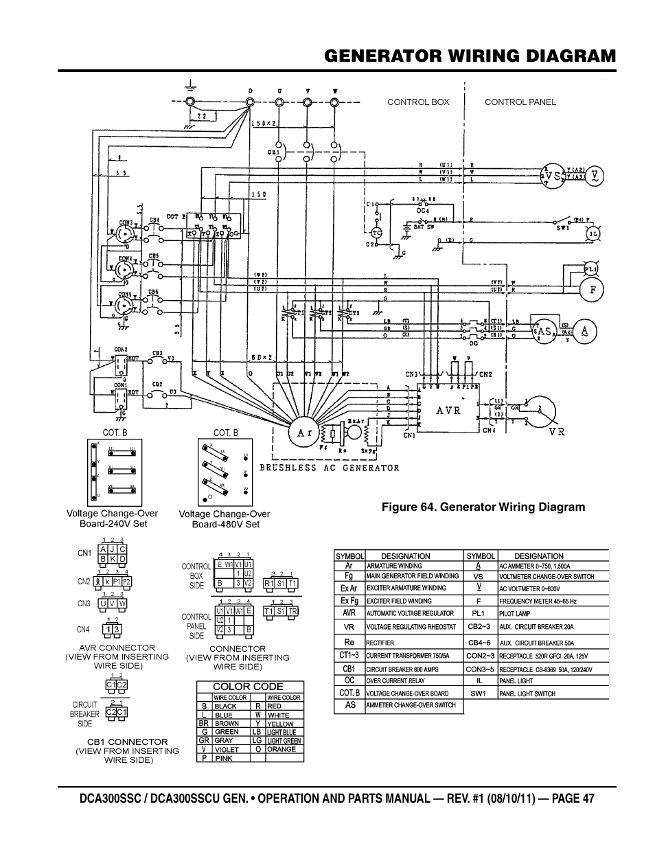 Generator wiring diagram | Multiquip Whisperwatt Series 60HZ Generator (Cummins QSL9-G3 Diesel Engine) DCA300SSCU User Manual | Page 47 / 104
