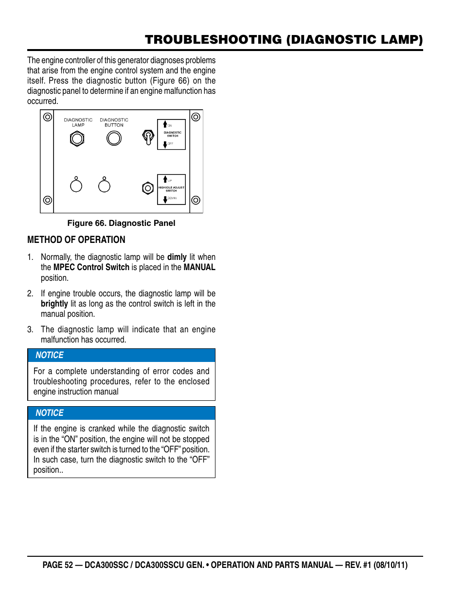 Troubleshooting (diagnostic lamp) | Multiquip Whisperwatt Series 60HZ Generator (Cummins QSL9-G3 Diesel Engine) DCA300SSCU User Manual | Page 52 / 104