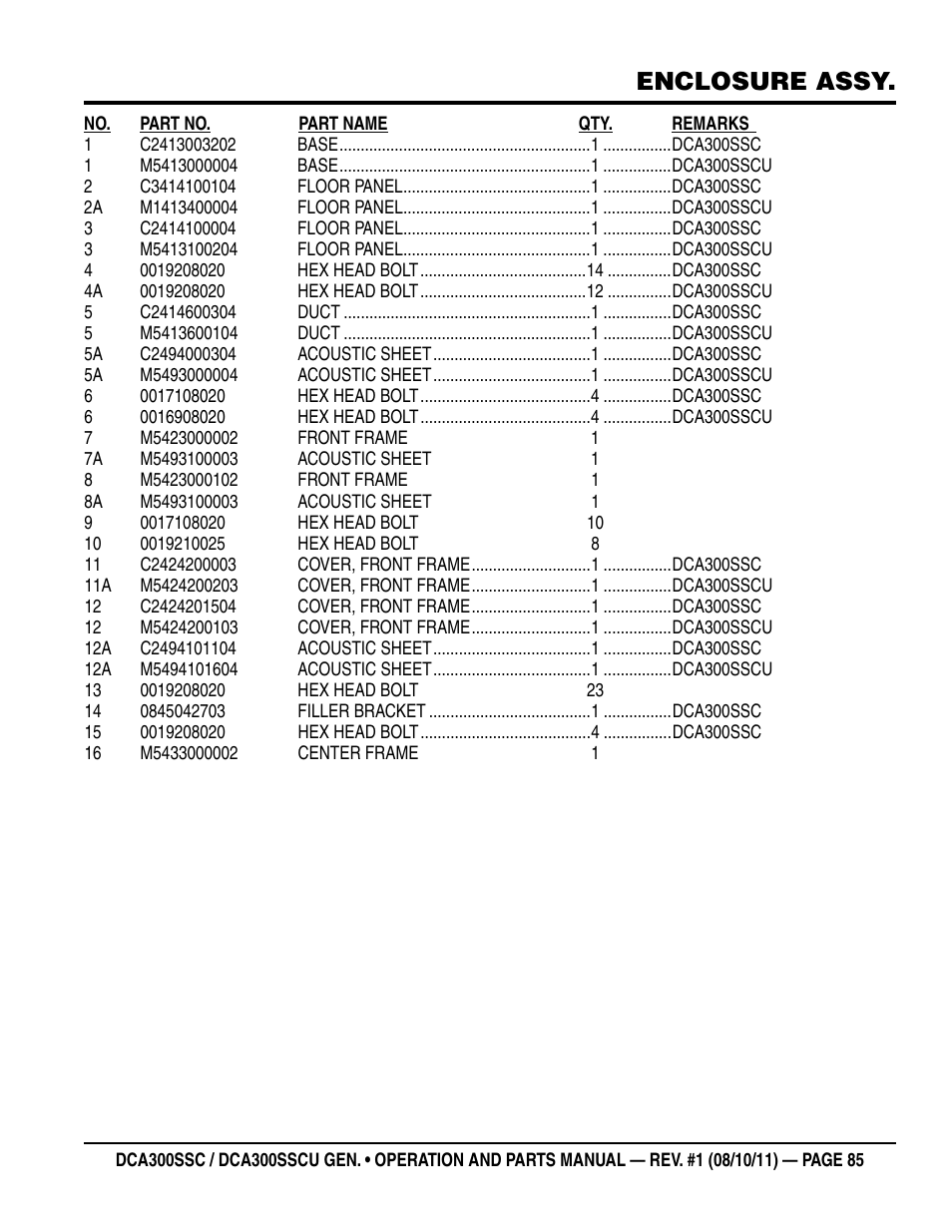 Enclosure assy | Multiquip Whisperwatt Series 60HZ Generator (Cummins QSL9-G3 Diesel Engine) DCA300SSCU User Manual | Page 85 / 104