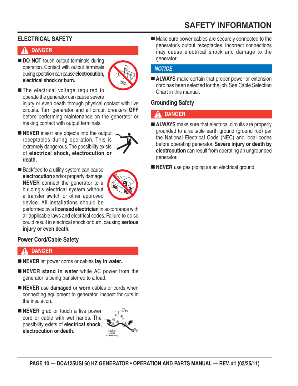 Safety information | Multiquip MQ Power 60 HZ Generator DCA125USI User Manual | Page 10 / 90