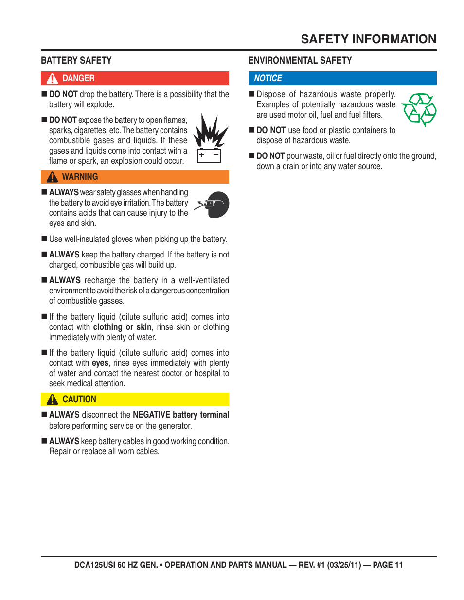 Safety information | Multiquip MQ Power 60 HZ Generator DCA125USI User Manual | Page 11 / 90