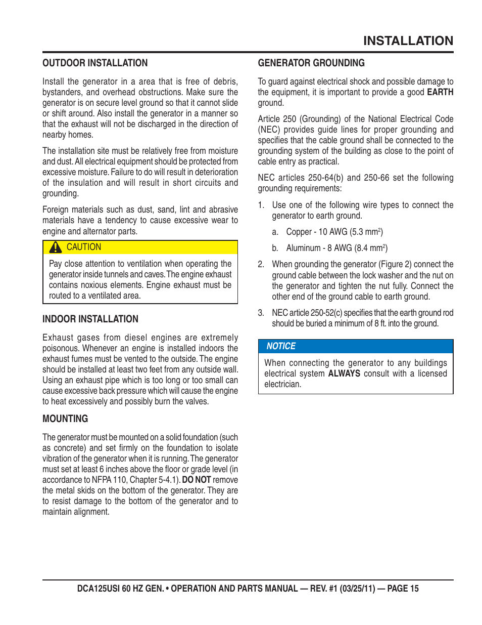 Installation | Multiquip MQ Power 60 HZ Generator DCA125USI User Manual | Page 15 / 90