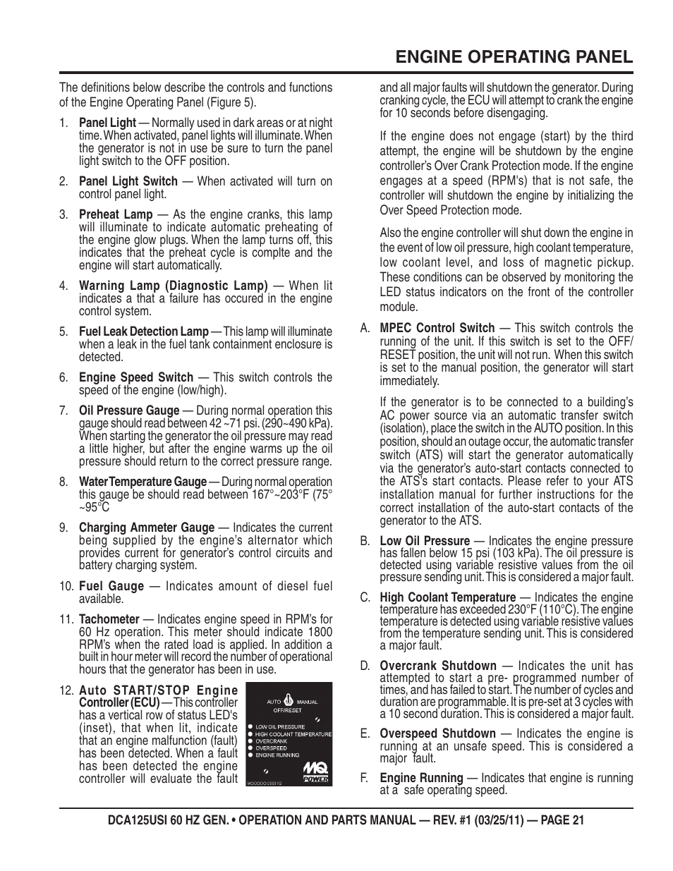 Engine operating panel | Multiquip MQ Power 60 HZ Generator DCA125USI User Manual | Page 21 / 90