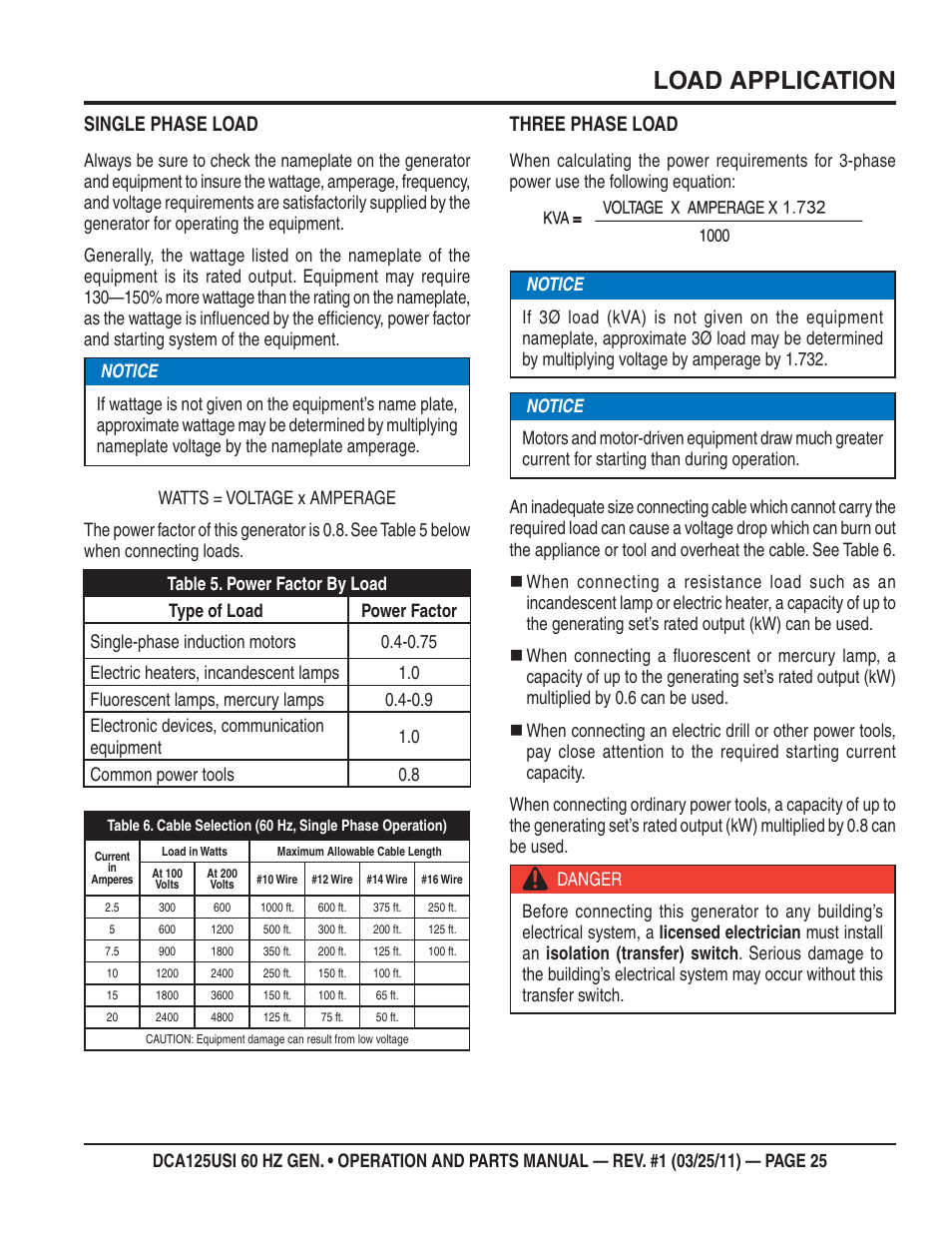 Load application, Single phase load, Three phase load | Multiquip MQ Power 60 HZ Generator DCA125USI User Manual | Page 25 / 90