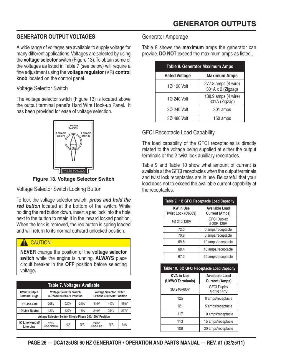Generator outputs, Generator output voltages, Voltage selector switch | Voltage selector switch locking button, Generator amperage, Gfci receptacle load capability | Multiquip MQ Power 60 HZ Generator DCA125USI User Manual | Page 26 / 90