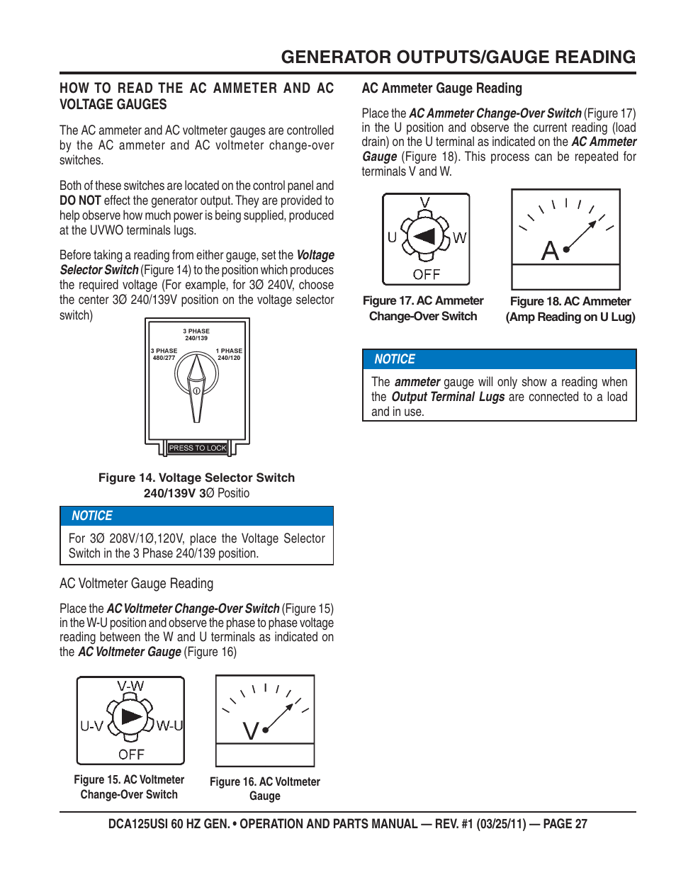Generator outputs/gauge reading | Multiquip MQ Power 60 HZ Generator DCA125USI User Manual | Page 27 / 90