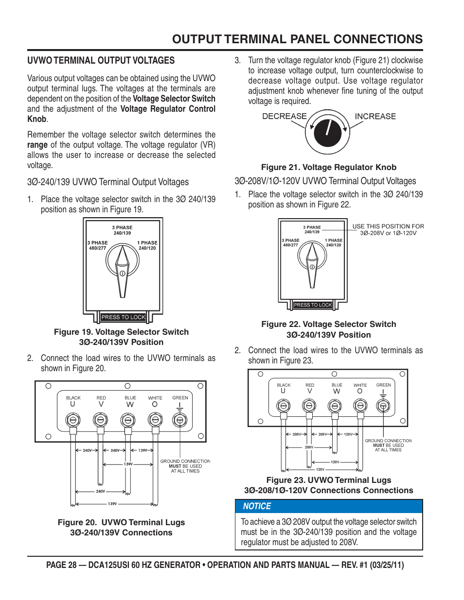 Output terminal panel connections | Multiquip MQ Power 60 HZ Generator DCA125USI User Manual | Page 28 / 90