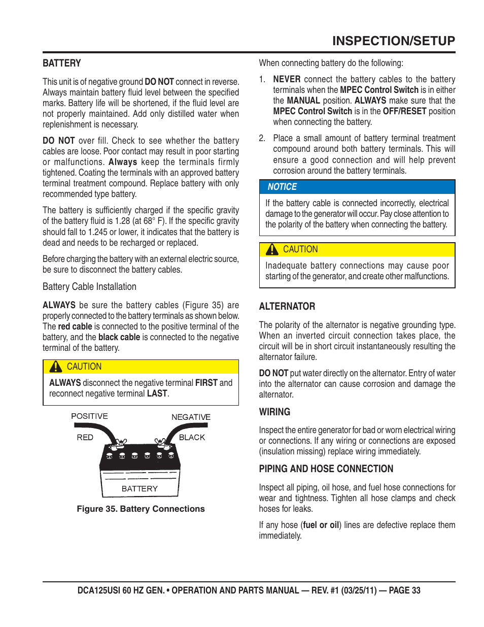 Inspection/setup | Multiquip MQ Power 60 HZ Generator DCA125USI User Manual | Page 33 / 90