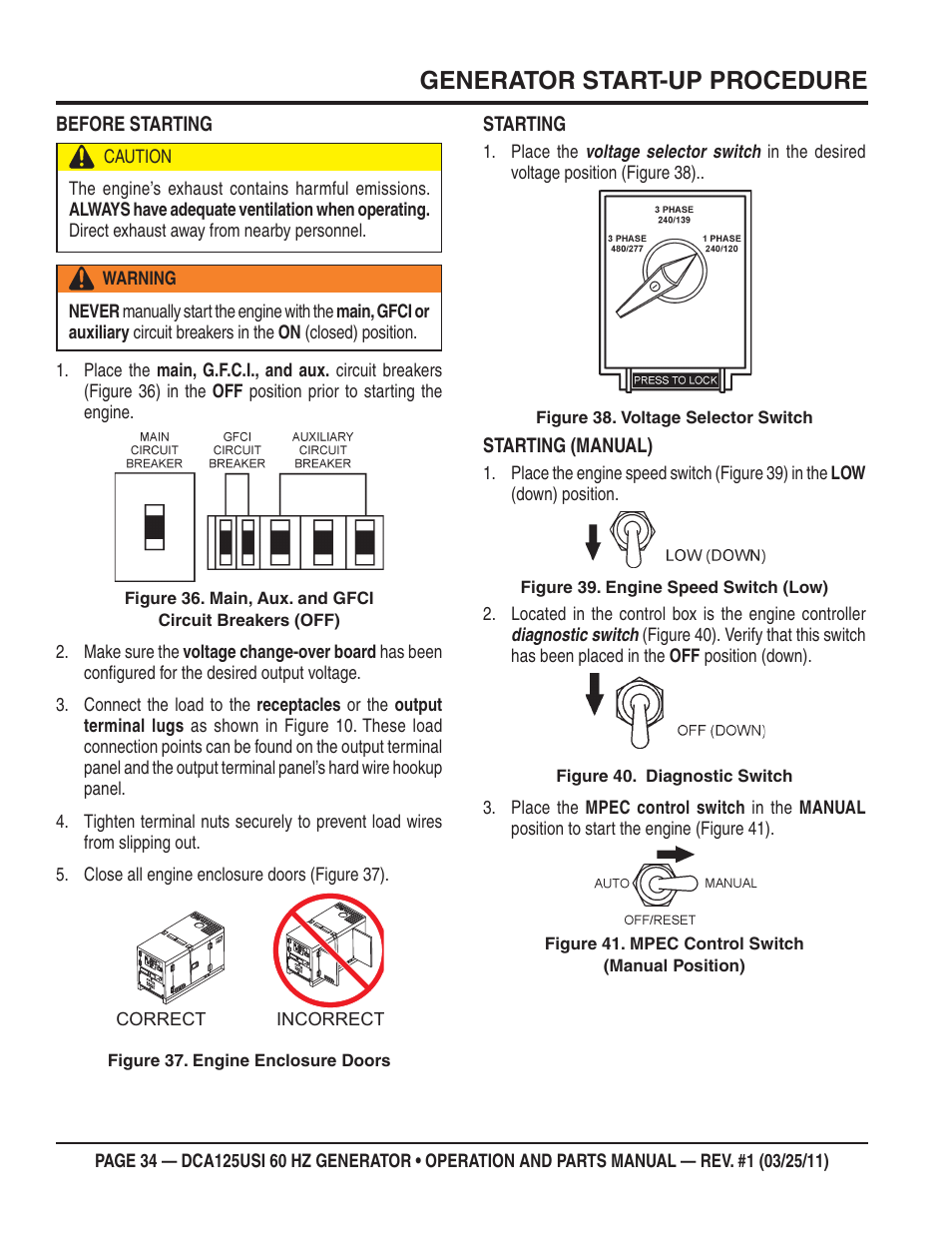 Generator start-up procedure | Multiquip MQ Power 60 HZ Generator DCA125USI User Manual | Page 34 / 90